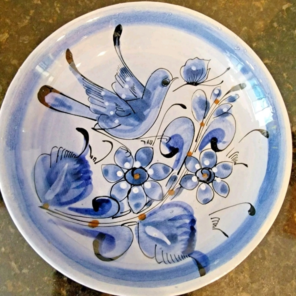 Tonala Mexican Pottery 8" Bowl,  Blue Bird & Flowers, Signed J.J.C pre-owned